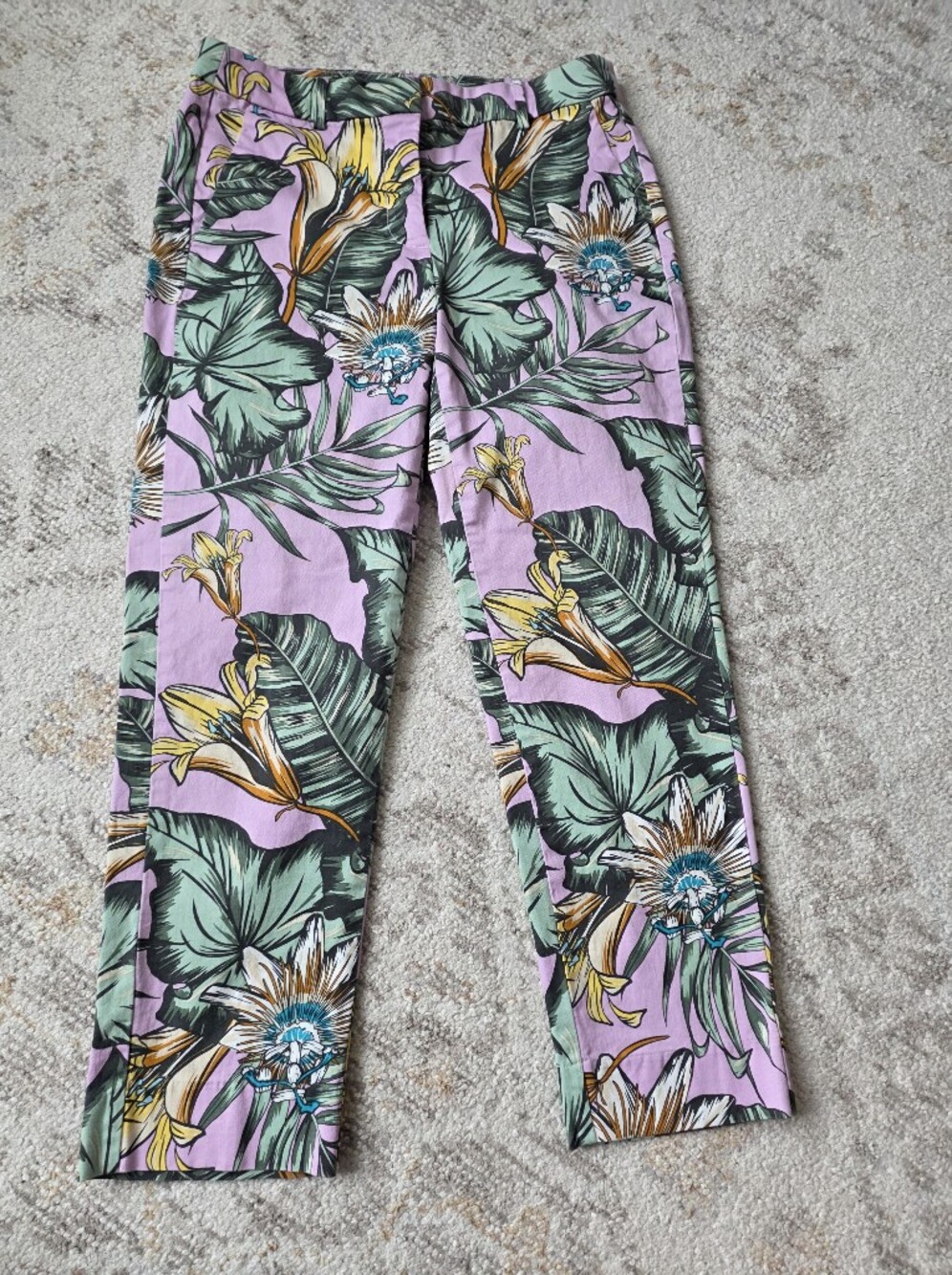 J. Crew Lavender Tropical Print Leggings with Green & Yellow Leaves